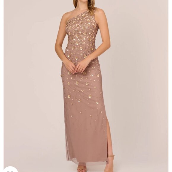 Adrianna Papell Dresses & Skirts - 3D FLORAL HAND-BEADED ONE-SHOULDER LONG COLUMN GOWN IN STONE